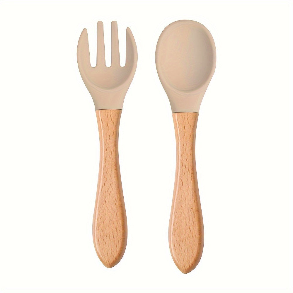 2PCS Silicone Feeding Set – Durable Spoon & Fork with Wooden Handle, BPA-Free Self-Feeding Utensils for Toddlers & Babies