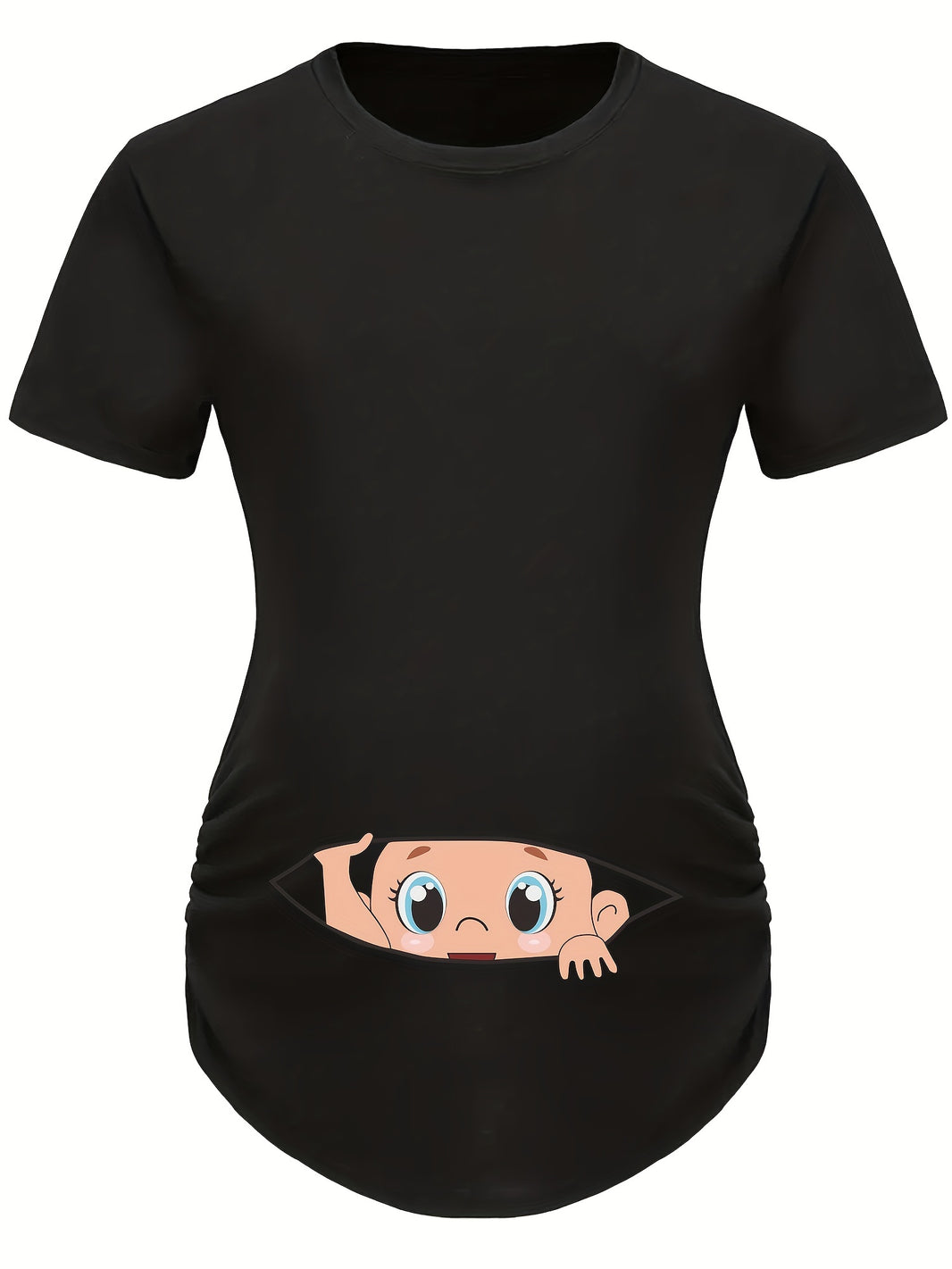 Letter Printed Short-sleeved Maternity Wear Black T-shirt with Big-eyed Baby Pattern