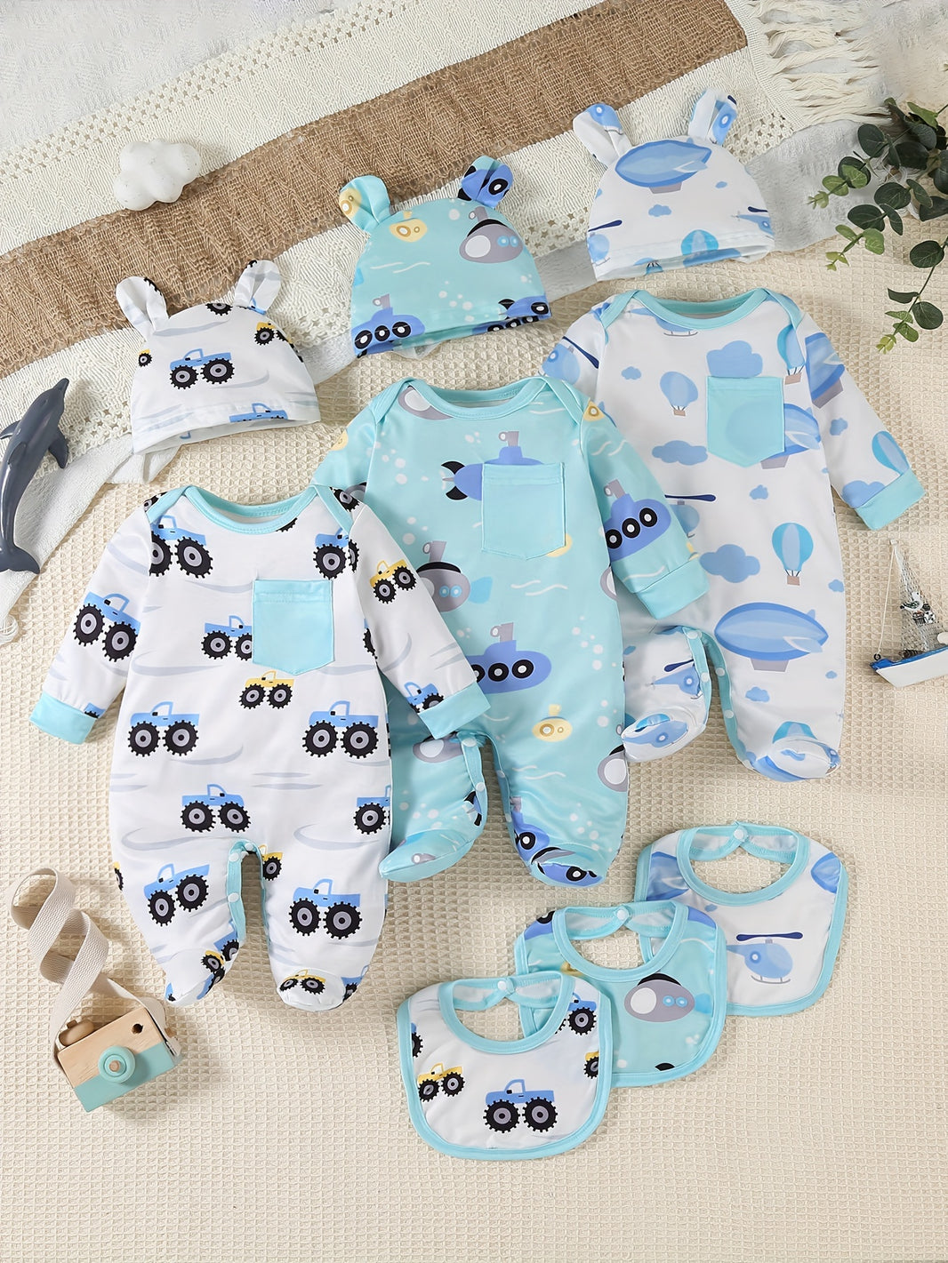 SHIXUANBAOBEI 9pcs Newborn Long Sleeve Wrap Bodysuit Set – Cartoon Airplanes, Boats, Cars & Excavators Patterns, with Bunny Hat & Drooling Towel