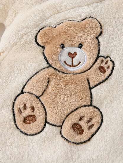 Cozy Boys' Winter Bear Print Hooded Onesie – Warm Polyester, Long Sleeve, Bear Decor (Outdoor Wear, Machine Washable)