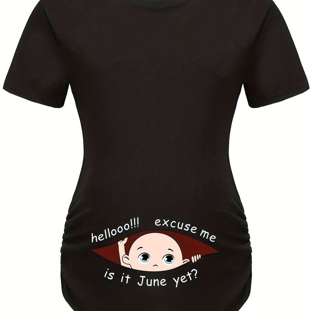 Hello Month & Cartoon Character Print Maternity T-Shirt, Round Neck Short Sleeve Pregnant Women's Top for Pregnancy Announcement - Comfortable Fit