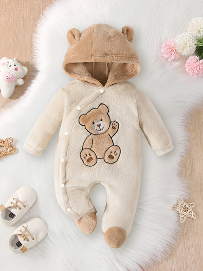 Cozy Boys' Winter Bear Print Hooded Onesie – Warm Polyester, Long Sleeve, Bear Decor (Outdoor Wear, Machine Washable)