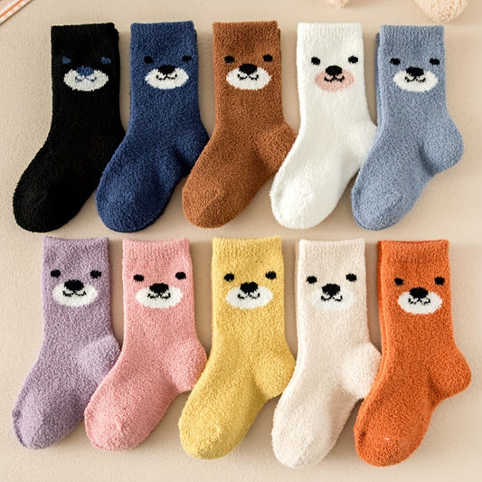 Kids' Knee-High Cartoon Bear Fleece-Lined Thermal Socks - 98% Polyester, 2% Spandex | Winter Comfort for Boys & Girls | Knit Fabric, Pack of 5