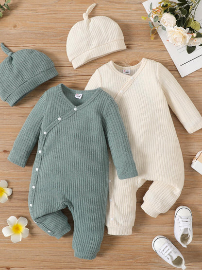PatPat 2pcs Baby Boy/Girl Rib Knit Jumpsuit – Button Front Long-Sleeve Romper with Matching Hat Set