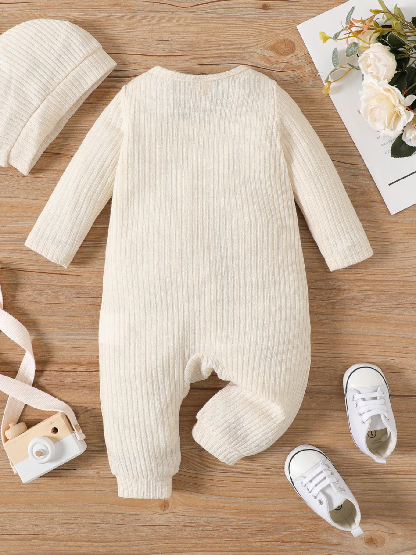 PatPat 2pcs Baby Boy/Girl Rib Knit Jumpsuit – Button Front Long-Sleeve Romper with Matching Hat Set