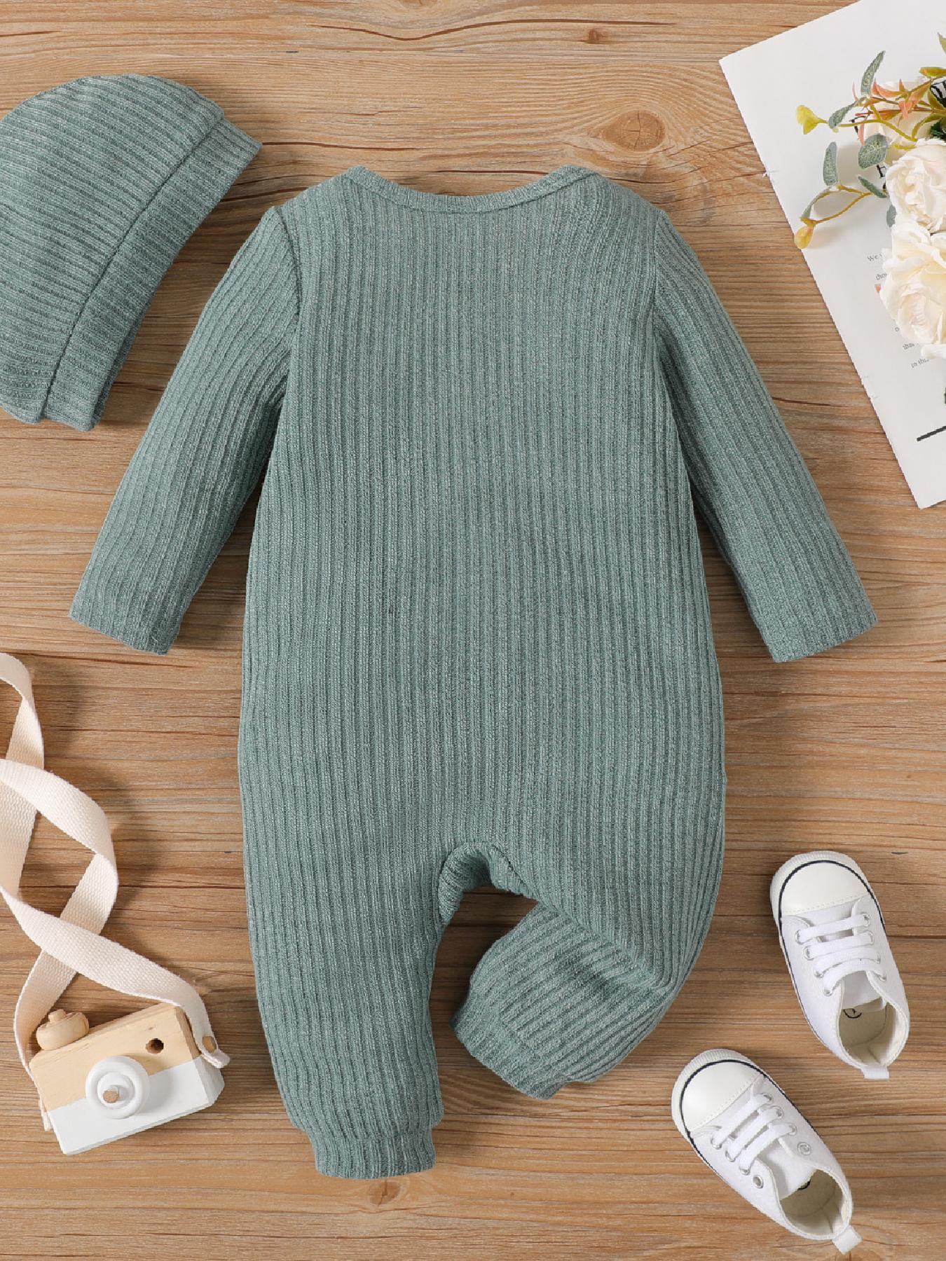 PatPat 2pcs Baby Boy/Girl Rib Knit Jumpsuit – Button Front Long-Sleeve Romper with Matching Hat Set