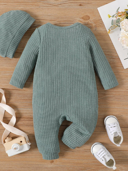 PatPat 2pcs Baby Boy/Girl Rib Knit Jumpsuit – Button Front Long-Sleeve Romper with Matching Hat Set