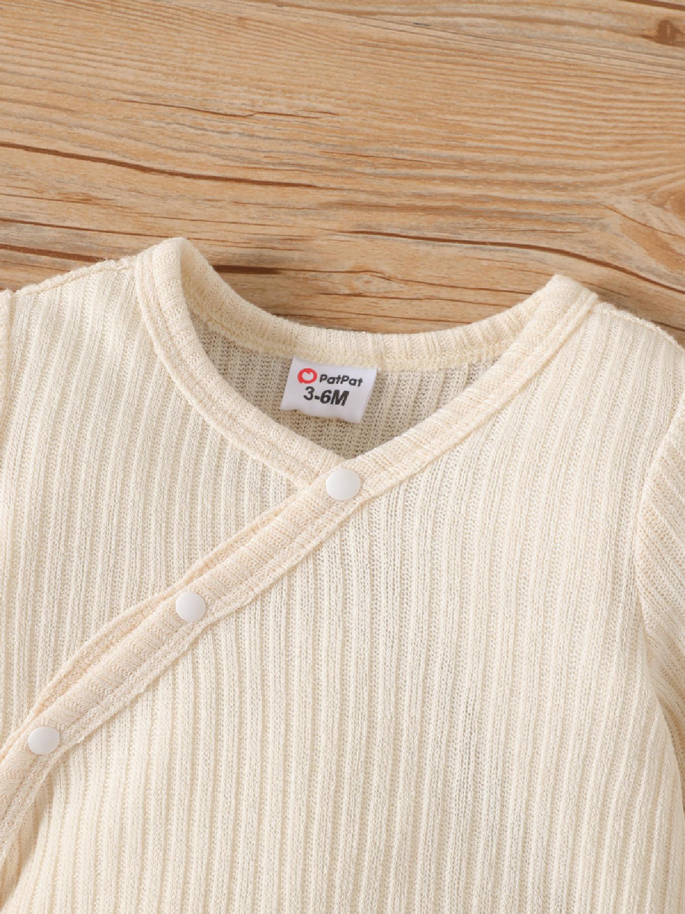 PatPat 2pcs Baby Boy/Girl Rib Knit Jumpsuit – Button Front Long-Sleeve Romper with Matching Hat Set