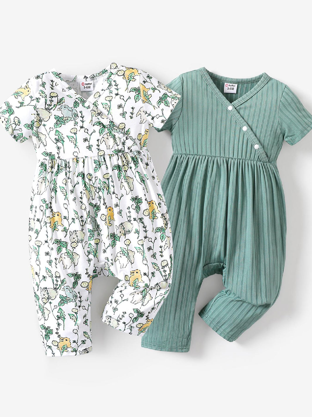 PatPat Baby Girl Cute All-Over Rabbit Print & Solid Ribbed V Neck Short-Sleeve Jumpsuit – Perfect for Summer Outdoor Wear