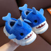 Kids Shark Plush Slippers – Fleece‑Lined Slip‑On Indoor/Outdoor House Shoes with Non‑Slip PVC Sole for Boys & Girls (Green, Grey, Blue)