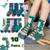 10 Pairs Kids Knee-High Cartoon Dinosaur Socks - Polyester & Spandex Blend, Soft Knit Fabric, Non-Slip & Breathable | Perfect for Boys & Girls Aged 2 to 12 Years | Machine Washable, Fun Gift for Kids