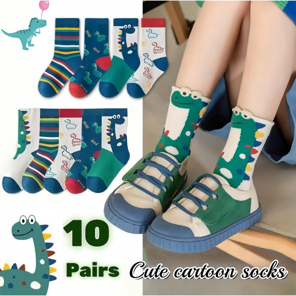 10 Pairs Kids Knee-High Cartoon Dinosaur Socks - Polyester & Spandex Blend, Soft Knit Fabric, Non-Slip & Breathable | Perfect for Boys & Girls Aged 2 to 12 Years | Machine Washable, Fun Gift for Kids
