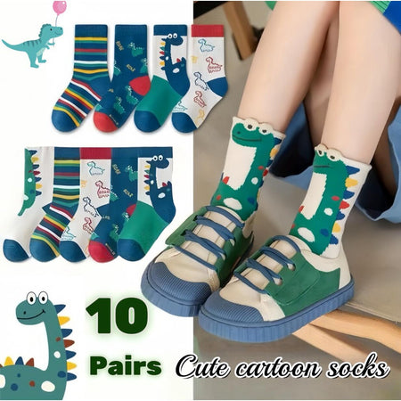 10 Pairs Kids Knee-High Cartoon Dinosaur Socks - Polyester & Spandex Blend, Soft Knit Fabric, Non-Slip & Breathable | Perfect for Boys & Girls Aged 2 to 12 Years | Machine Washable, Fun Gift for Kids