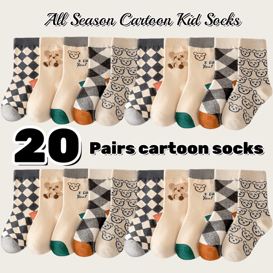20 Pairs/Lot Kids Cartoon Socks - Medium Length, Soft Knit, Polyester & Spandex | Hand Wash/Dry Clean | Cartoon Bear Pattern for Boys & Girls, 1-12 Years