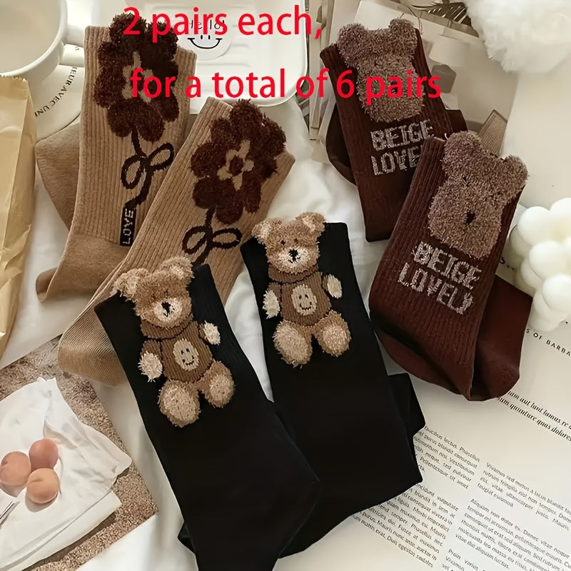 6 Pairs Cute Bear and Flower Socks - Perfect for Autumn and Winter