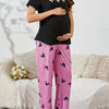 Women's Maternity Pajama Set - Short-Sleeve Crew Neck Top & Colorblock Long Pants, Slight-Stretch Knit Polyester/Elastane, Regular Fit, All-Season