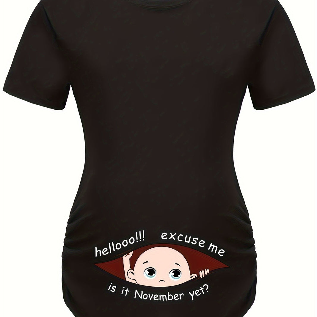 Hello Month & Cartoon Character Print Maternity T-Shirt, Round Neck Short Sleeve Pregnant Women's Top for Pregnancy Announcement - Comfortable Fit