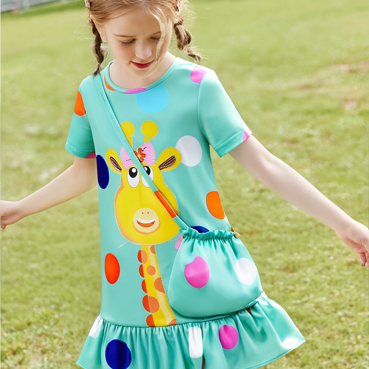 Girls’ Colorful Polka Dot Giraffe Print Dress & Bag Set – Adorable Short Sleeve Ruffle Hem Outfit for Summer, Perfect for Parties & Playdates, Ideal Gift for Little Girls - Kidzy Market