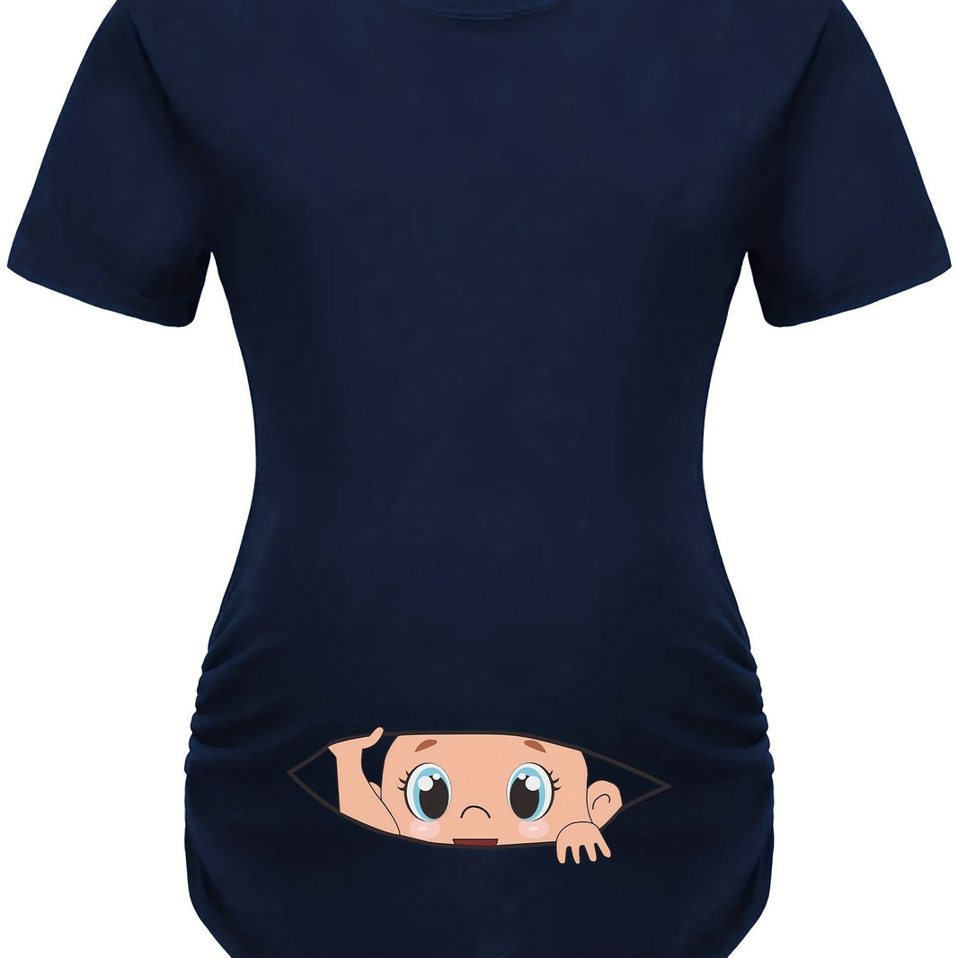 Letter Printed Short-sleeved Maternity Wear Black T-shirt with Big-eyed Baby Pattern