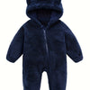 Skytwo Cozy Navy Blue Polar Fleece Baby Jumpsuit – Bear Ears Hood, Windproof, Easy-Diaper Zipper, Elastic Cuffs (Winter Outdoor Wear)