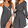 Women's Maternity Nursing Pajama Set – 2-Piece V-Neck Nursing Nightdress with Lace Robe, Long Sleeve Breastfeeding Homewear