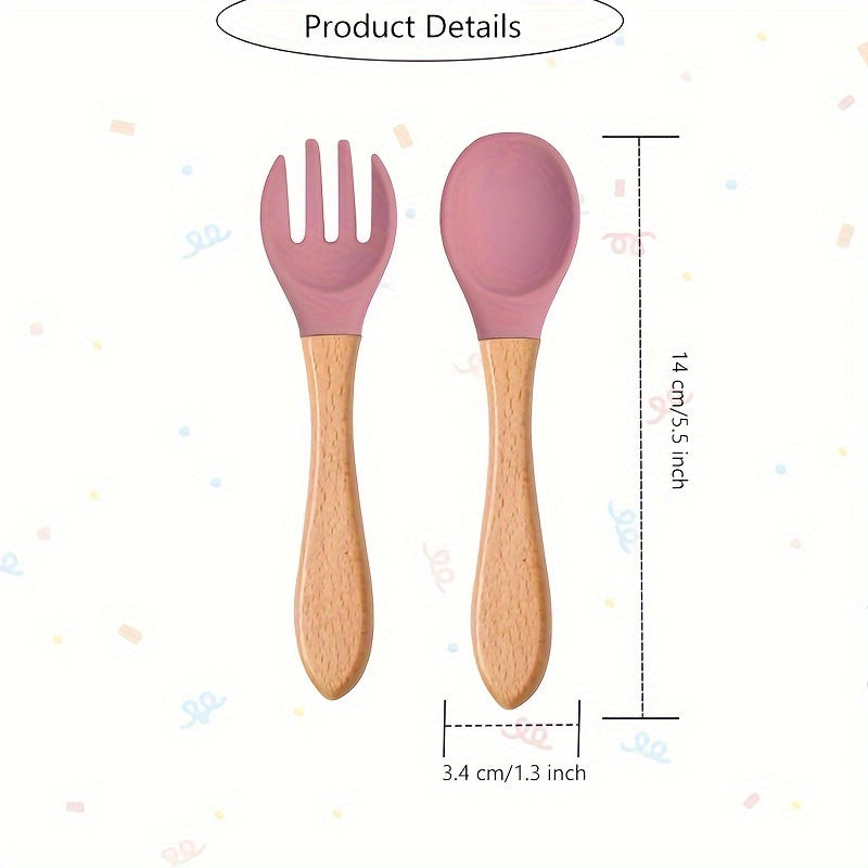 2PCS Silicone Feeding Set – Durable Spoon & Fork with Wooden Handle, BPA-Free Self-Feeding Utensils for Toddlers & Babies