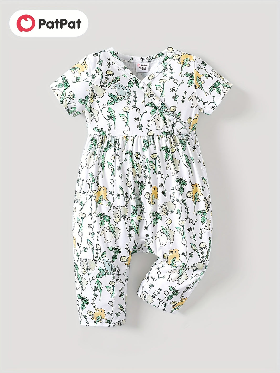 PatPat Baby Girl Cute All-Over Rabbit Print & Solid Ribbed V Neck Short-Sleeve Jumpsuit – Perfect for Summer Outdoor Wear