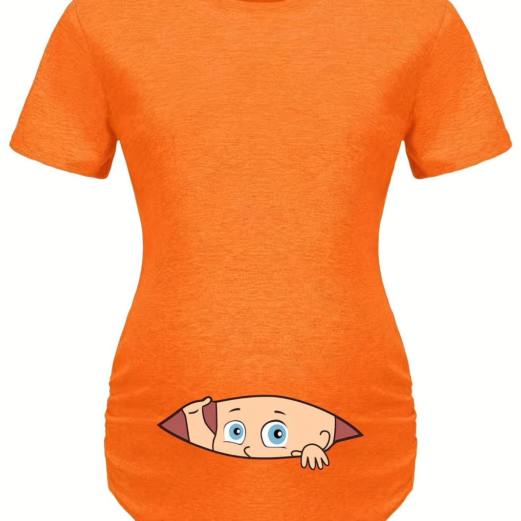 Letter Printed Short-sleeved Maternity Wear Black T-shirt with Big-eyed Baby Pattern