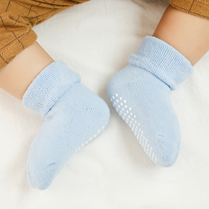 6 Pairs of Basic Color Terry Socks with Dot Glue for Anti-Slip | Warm and Thick, Ideal for Toddlers | Suitable for Both Boys & Girls