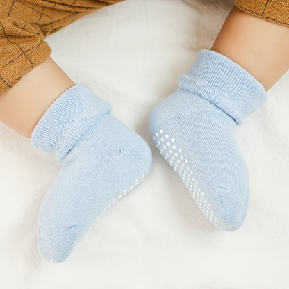 6 Pairs of Basic Color Terry Socks with Dot Glue for Anti-Slip | Warm and Thick, Ideal for Toddlers | Suitable for Both Boys & Girls