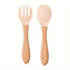 2PCS Silicone Feeding Set – Durable Spoon & Fork with Wooden Handle, BPA-Free Self-Feeding Utensils for Toddlers & Babies
