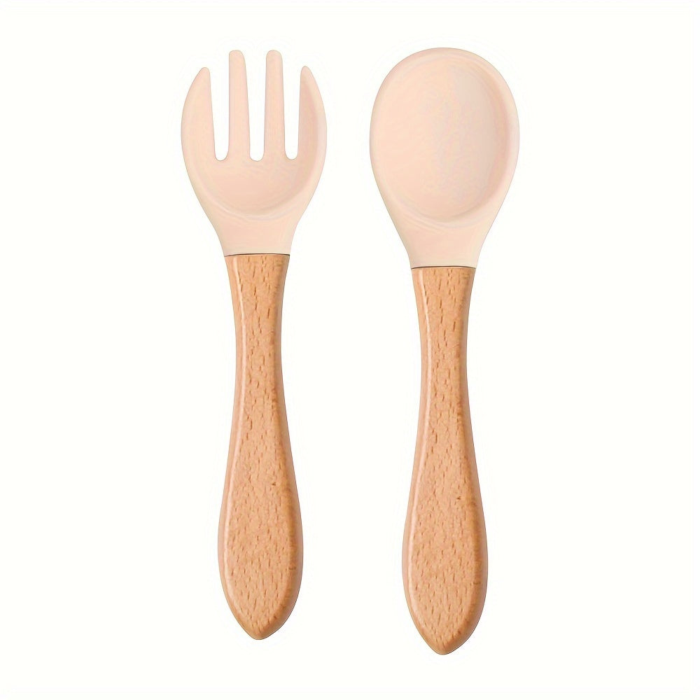 2PCS Silicone Feeding Set – Durable Spoon & Fork with Wooden Handle, BPA-Free Self-Feeding Utensils for Toddlers & Babies