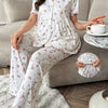 Floral V-Neck Maternity Pajama Set - Short-Sleeve Ruffle Floral Sleepwear, Stretchy Polyester-Elastane