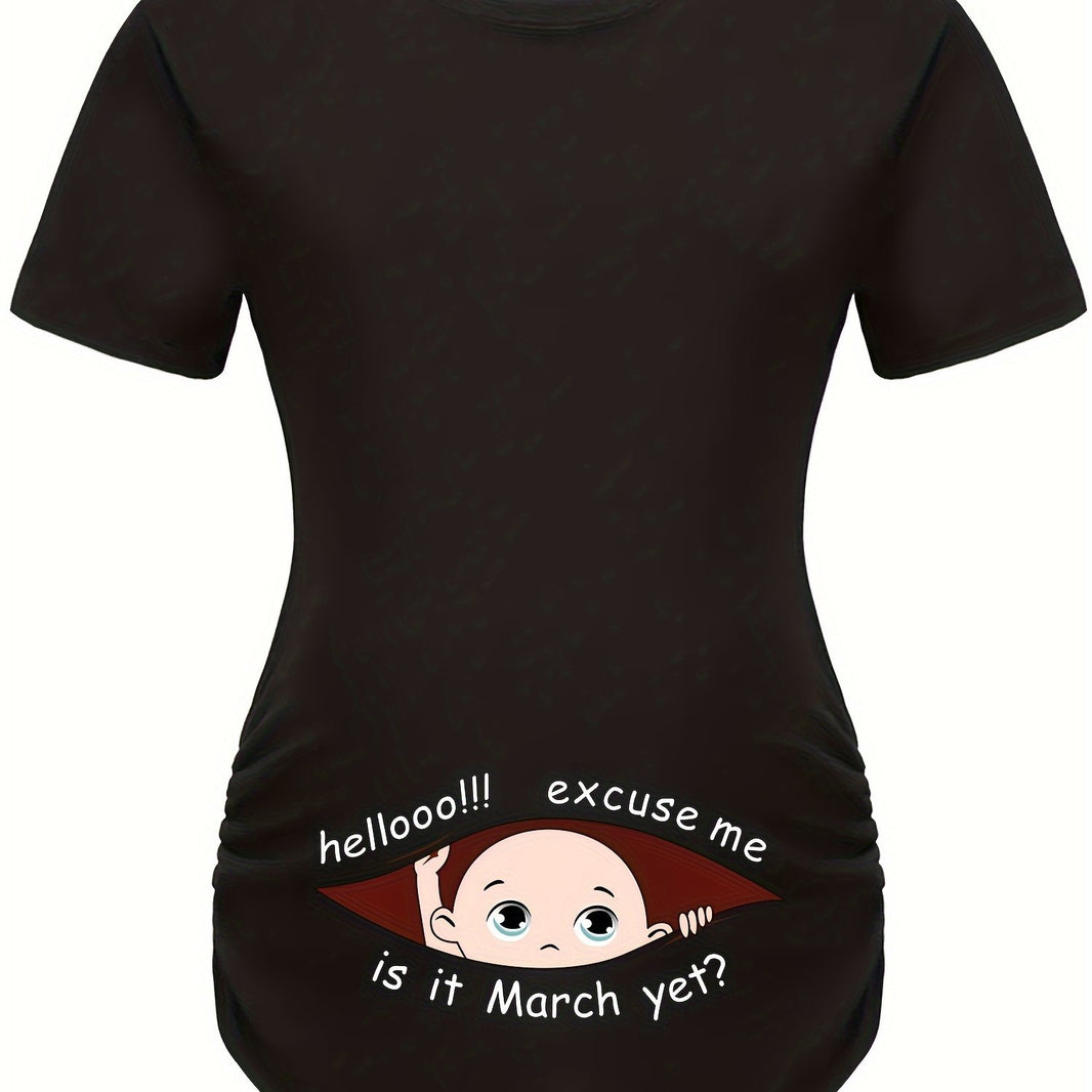 Hello Month & Cartoon Character Print Maternity T-Shirt, Round Neck Short Sleeve Pregnant Women's Top for Pregnancy Announcement - Comfortable Fit