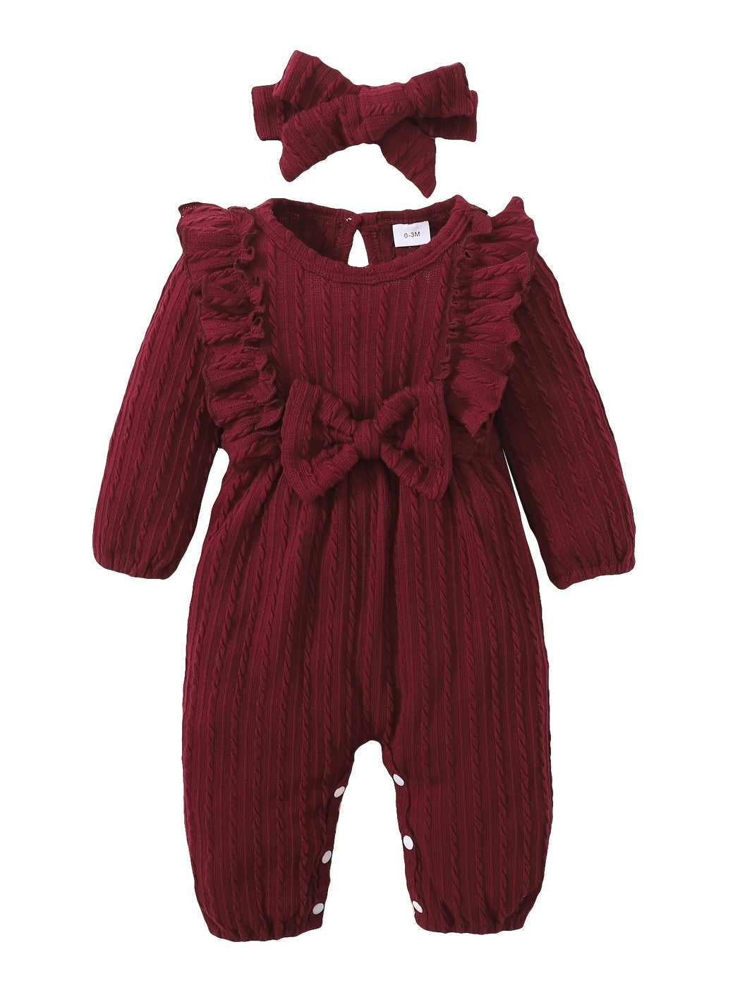 I'M SO THANKFUL Infant Cotton Blend Ruffle Long Sleeve Romper with Headband – Solid Color, Bow Detail, Fall/Winter Jumpsuit (65% Cotton, 35% Polyester)