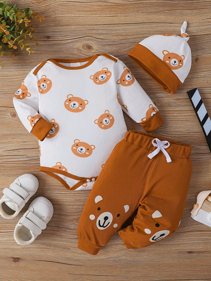 Baby Bear Print Outfit – Triangle Romper, Trousers & Hat 3-Piece Set (Soft & Comfortable, Newborn Outdoor Clothing)