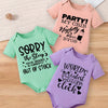 3pcs Cute Baby Girl Rompers – “Sorry, Party My Crib” & Fun Letter Prints – Short Sleeve Summer Bodysuits in White, Pink, Purple – Soft & Breathable Elastane/Polyester – Machine Washable, Perfect for Outdoor Wear