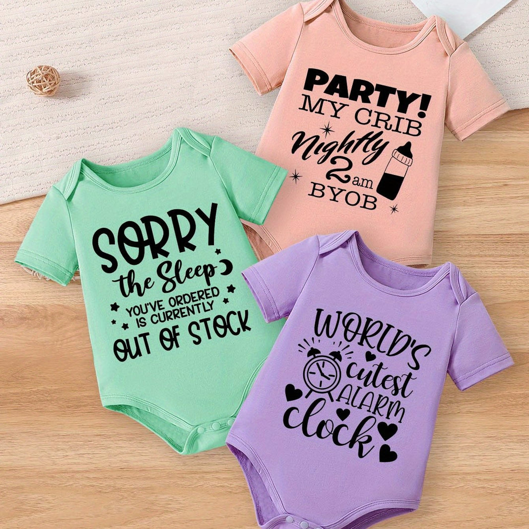 3pcs Cute Baby Girl Rompers – “Sorry, Party My Crib” & Fun Letter Prints – Short Sleeve Summer Bodysuits in White, Pink, Purple – Soft & Breathable Elastane/Polyester – Machine Washable, Perfect for Outdoor Wear