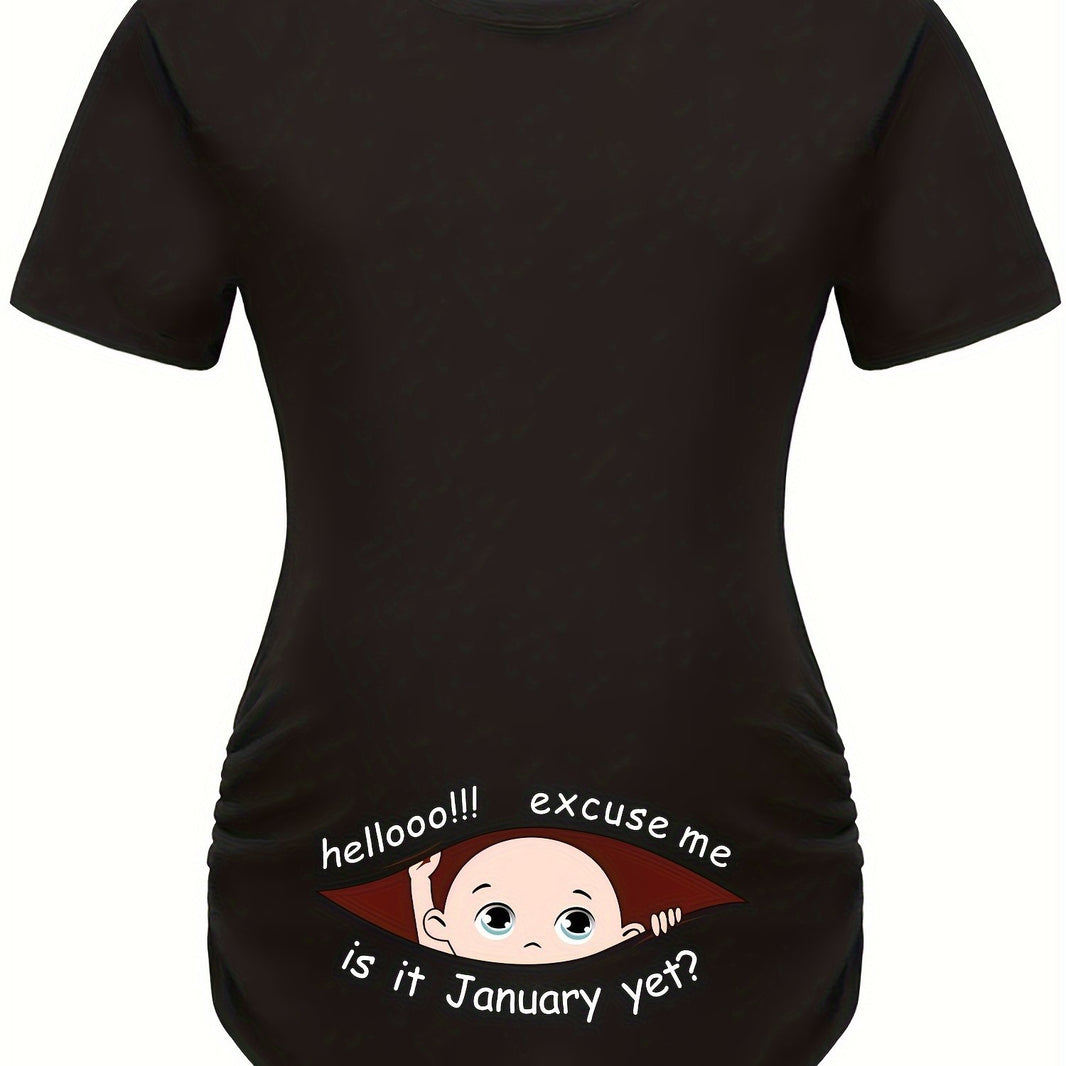 Hello Month & Cartoon Character Print Maternity T-Shirt, Round Neck Short Sleeve Pregnant Women's Top for Pregnancy Announcement - Comfortable Fit