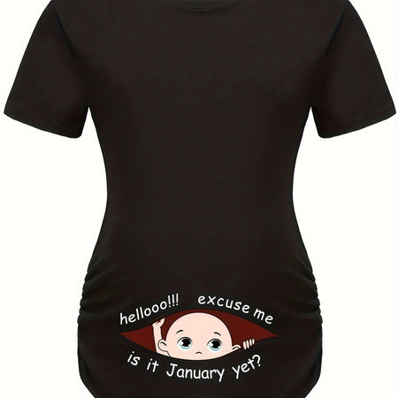 Hello Month & Cartoon Character Print Maternity T-Shirt, Round Neck Short Sleeve Pregnant Women's Top for Pregnancy Announcement - Comfortable Fit