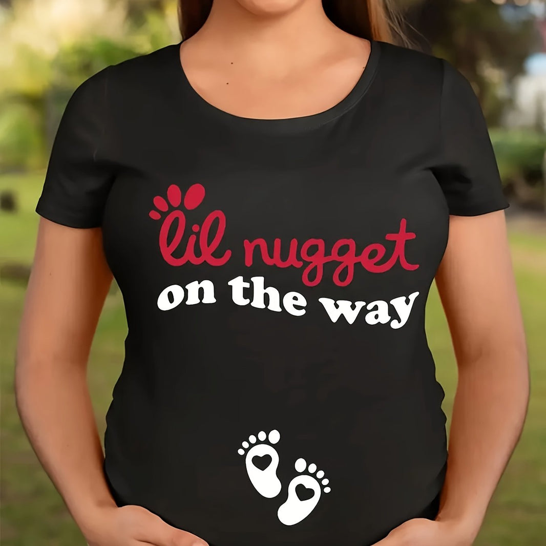 Comfy Maternity T-Shirt - "Lil Nugget on the Way" Graphic, Short Sleeve, Casual Polyester Tee for Pregnant Women, Machine Washable, Summer Wear
