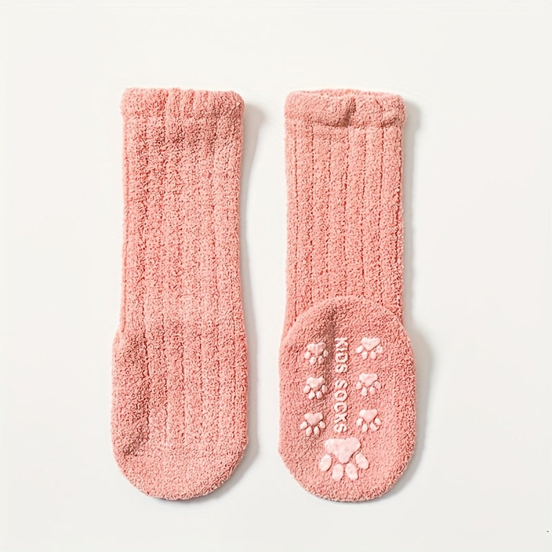 5 Pcs Cozy Coral Fleece Youngsters Socks - Warm, Thick Winter High Socks with Non-Slip Dots | Machine Washable in Vibrant Colors (Pink, Blue, Yellow, Orange, Brown) | Cute Paw Print Design for Youngsters