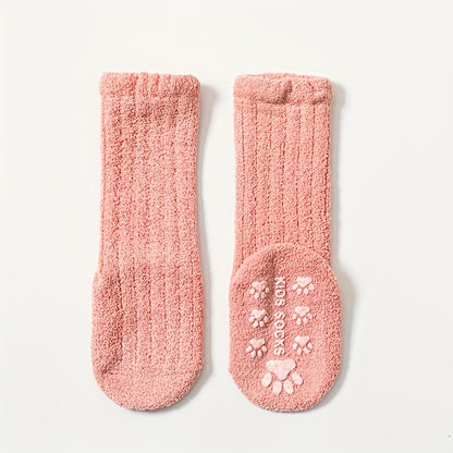 5 Pcs Cozy Coral Fleece Youngsters Socks - Warm, Thick Winter High Socks with Non-Slip Dots | Machine Washable in Vibrant Colors (Pink, Blue, Yellow, Orange, Brown) | Cute Paw Print Design for Youngsters