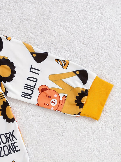 3pcs Baby Outfit Set – Cartoon Bear & Excavator Print, Knitted Fabric Romper, Beanie & Pants (Fall/Winter, Regular Fit)