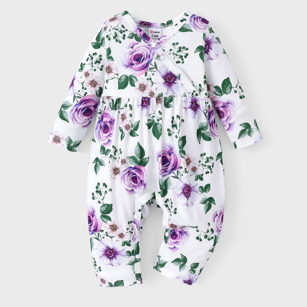 PatPat Baby Girl Cute All-Over Rabbit Print & Solid Ribbed V Neck Short-Sleeve Jumpsuit – Perfect for Summer Outdoor Wear