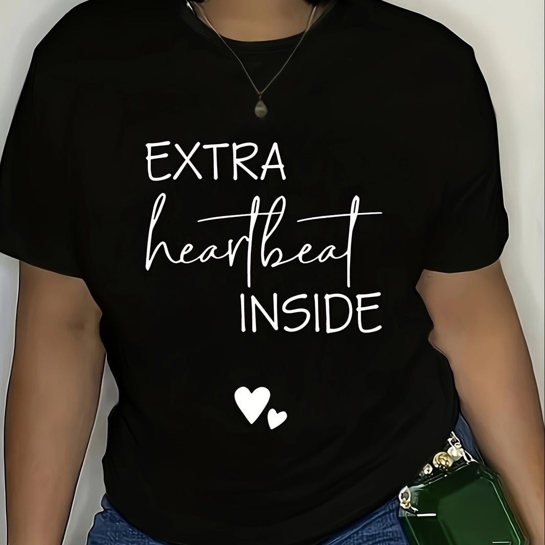 Extra Heartbeat Inside" Graphic Maternity Tee - Casual & Comfy Polyester-Spandex Blend, Short Sleeve, Round Neck Women's Pregnancy Announcement Top with Cute Heart Detail, Machine Washable