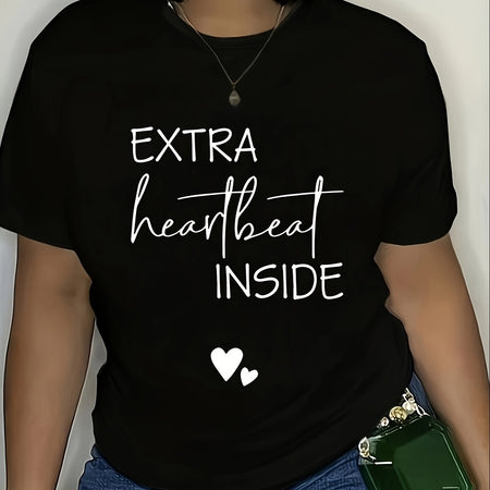 Extra Heartbeat Inside" Graphic Maternity Tee - Casual & Comfy Polyester-Spandex Blend, Short Sleeve, Round Neck Women's Pregnancy Announcement Top with Cute Heart Detail, Machine Washable