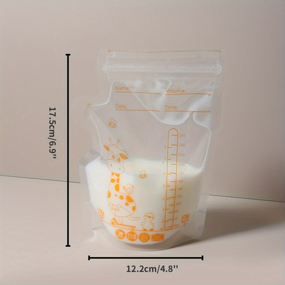 100pcs Giraffe-Themed Kids’ Food Storage Bags – 250ml (8.45oz) Each – Self-Standing, Space-Saving, Transparent BPA-Free Bags for Breastfeeding & Baby Feeding – Easy Pour Spout & Stackable Design