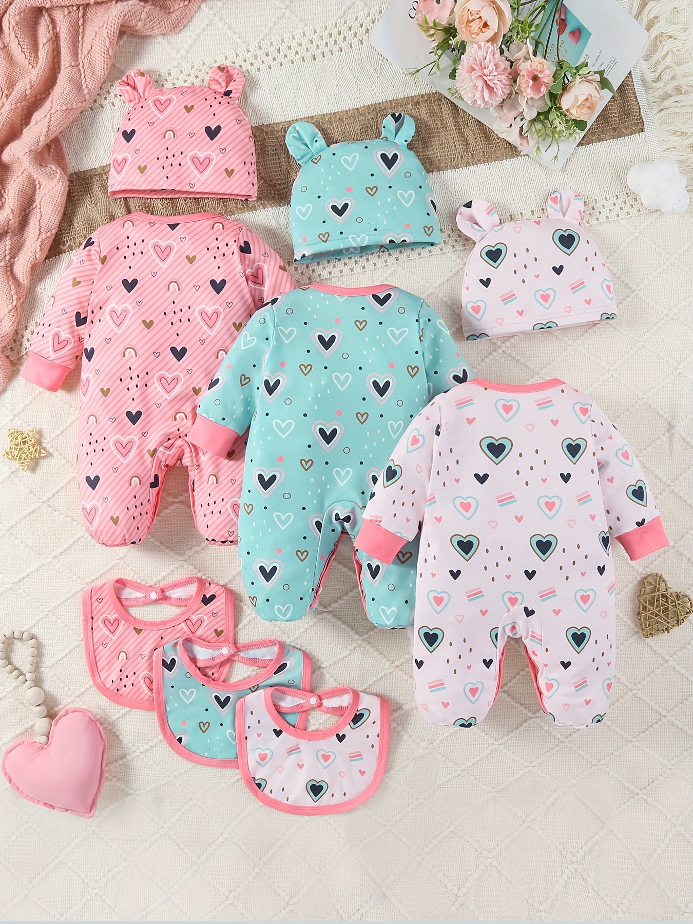9-Pack Baby Girl Footed Jumpsuit Set – Long Sleeve Love Hearts Design with Bunny Hats & Bibs – Stylish & Comfy Outdoor Wear for Infants - Kidzy Market