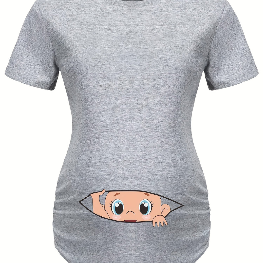 Letter Printed Short-sleeved Maternity Wear Black T-shirt with Big-eyed Baby Pattern